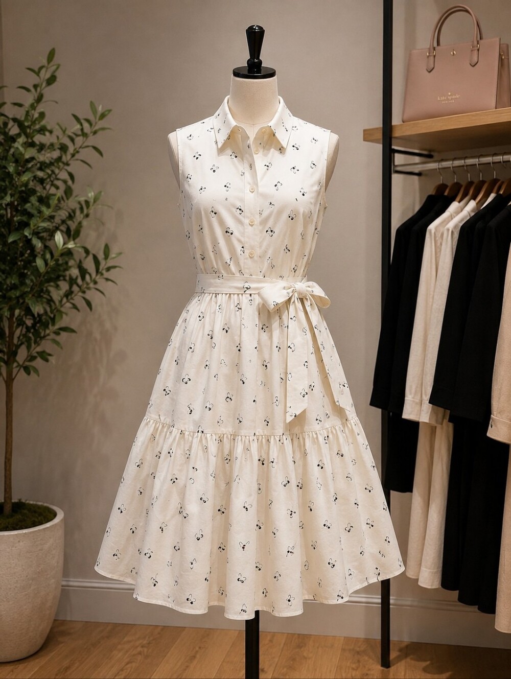 kate spade Cream Sleeveless Shirtwaist Dress with Printed Motif